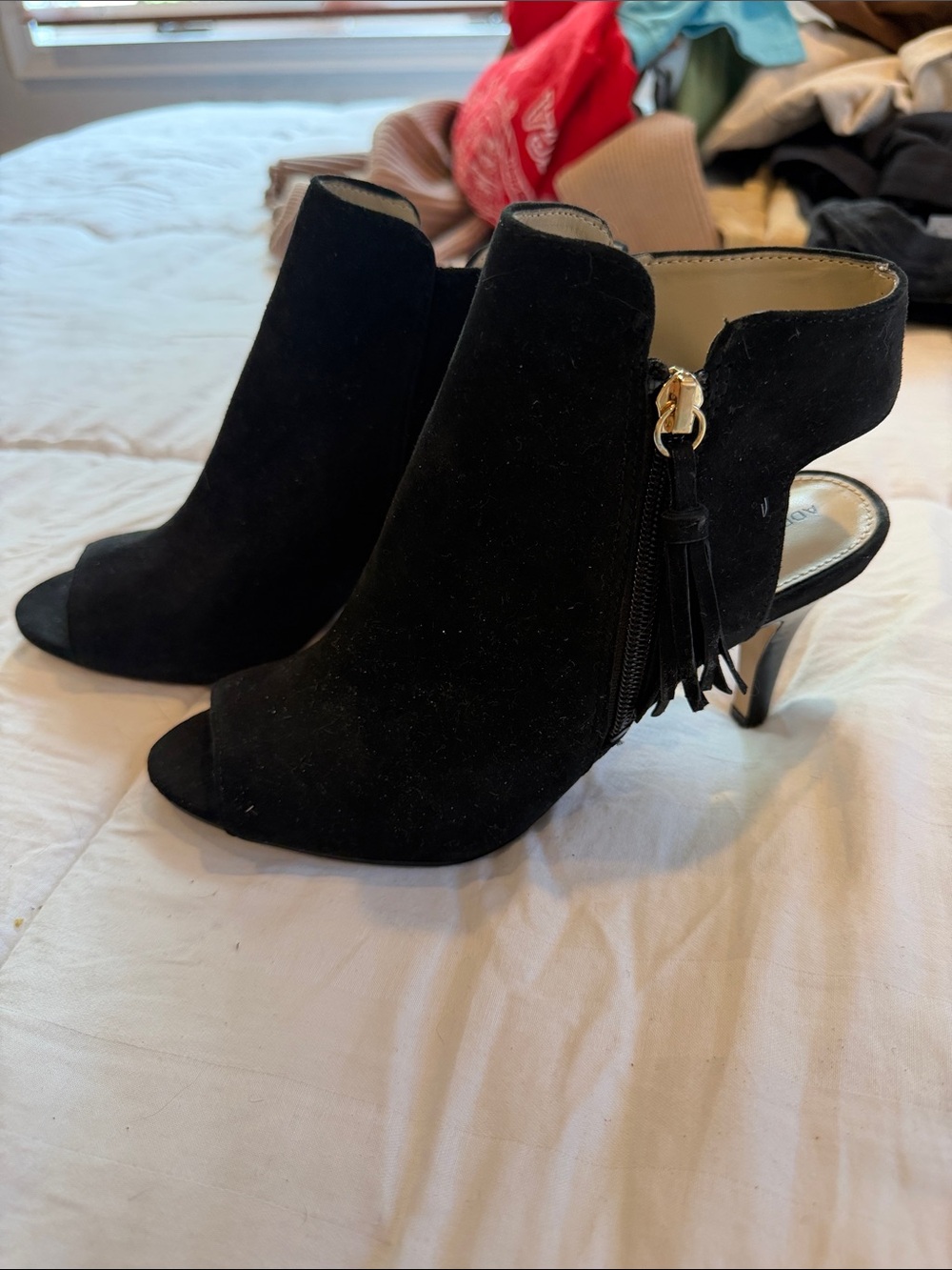 Adrienne Vittadini Black Open-Toe Suede Ankle Booties